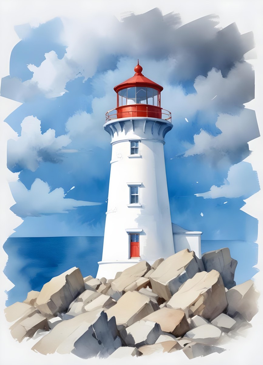 A Blue Lighthouse With A Blue Roof On A Rocky Outcrop Set Against A Blue And White Cloudy Sky Watercolor Style 4 6b33