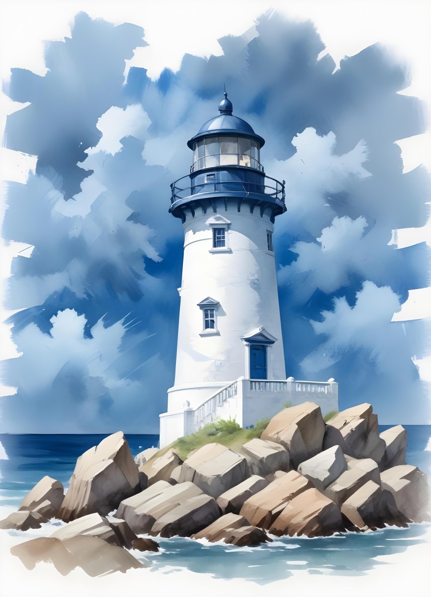 A Blue Lighthouse With A Blue Roof On A Rocky Outcrop Set Against A Blue And White Cloudy Sky Watercolor Style 5 E663