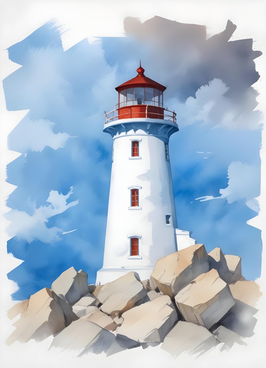 A Blue Lighthouse With A Blue Roof On A Rocky Outcrop Set Against A Blue And White Cloudy Sky Watercolor Style 6 C49b
