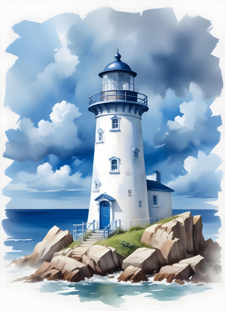 A Blue Lighthouse With A Blue Roof On A Rocky Outcrop Set Against A Blue And White Cloudy Sky Watercolor Style 7 7307