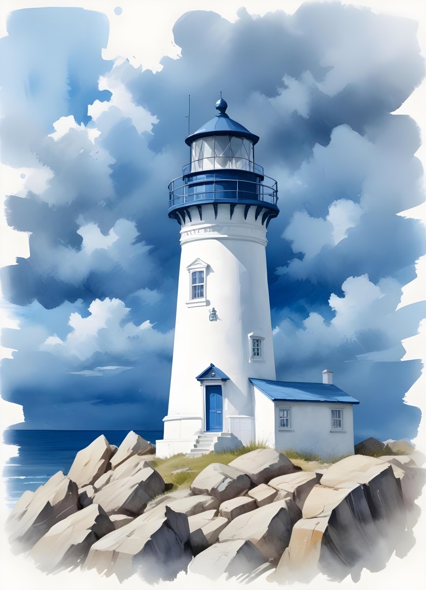 A Blue Lighthouse With A Blue Roof On A Rocky Outcrop Set Against A Blue And White Cloudy Sky Watercolor Style 8 81f7