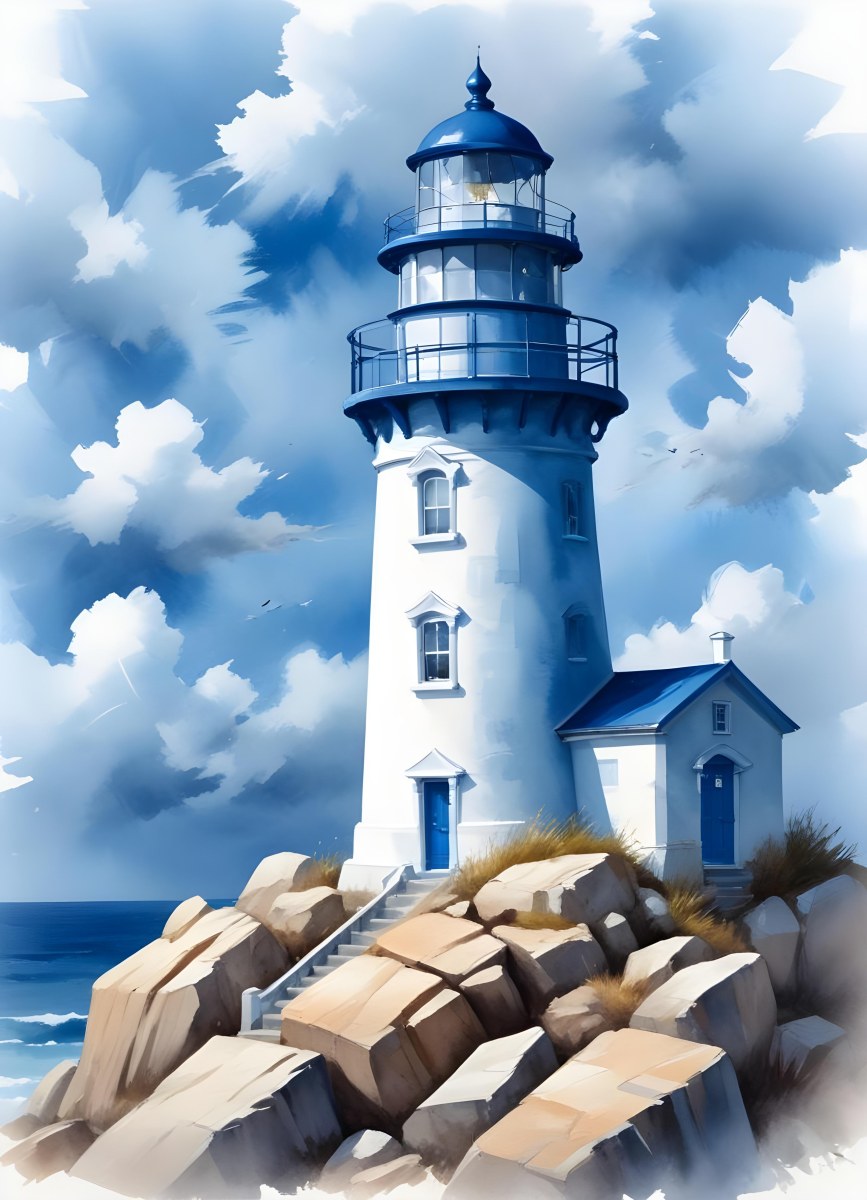 A Blue Lighthouse With A Blue Roof On A Rocky Outcrop Set Against A Blue And White Cloudy Sky Watercolor Style 9 A236