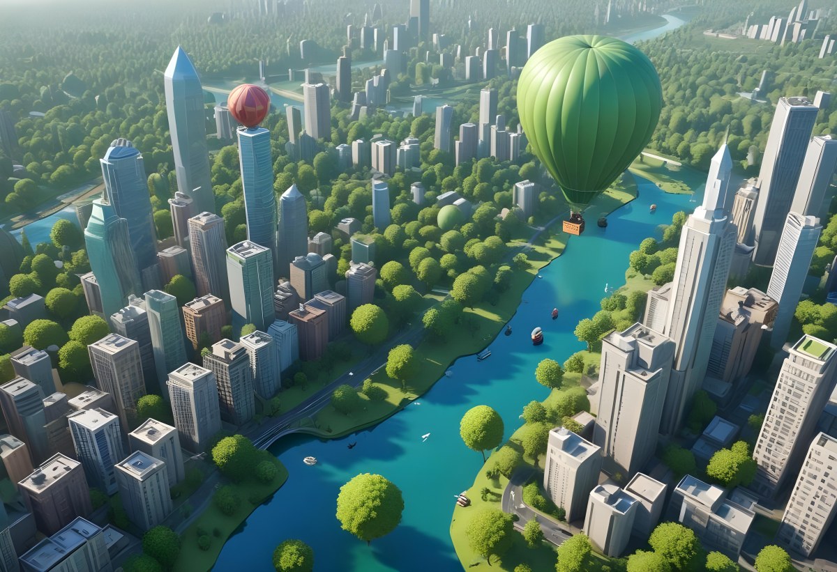 A Cartoon City With Tall Buildings Green Trees And A Green River With A Blue Sky Background And A Hot Air Balloon 6 6da7