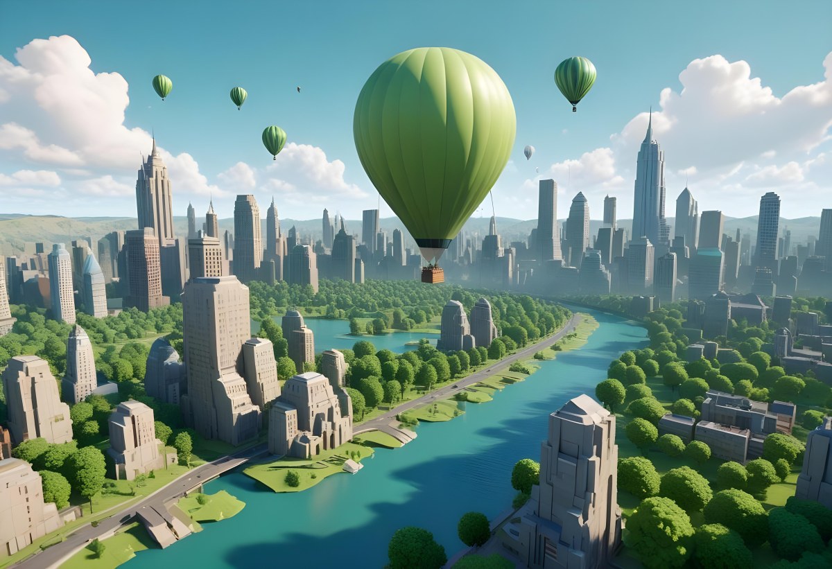 A Cartoon City With Tall Buildings Green Trees And A Green River With A Blue Sky Background And A Hot Air Balloon 7 C554