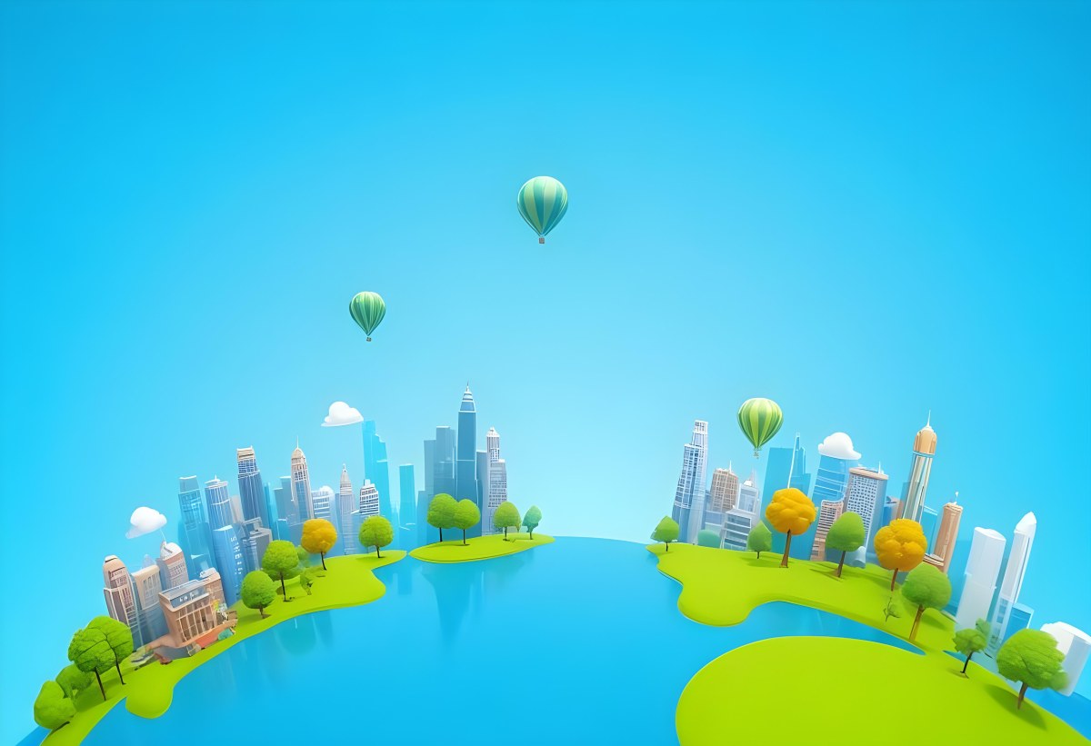 A Cartoon City With Tall Buildings Green Trees And A Green River With A Blue Sky Background And A Hot Air Balloon 8 3eb6