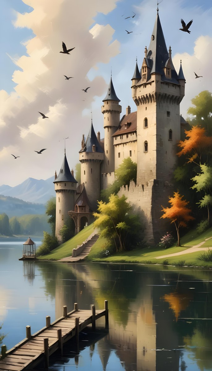 A Castle With A Tower And A Pointed Roof Next To A Lake With A Wooden Dock Some Birds Flying In The Sky 12 D7d8
