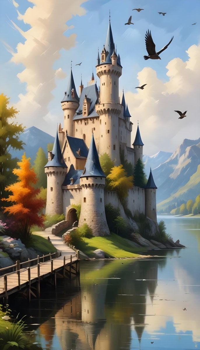 A Castle With A Tower And A Pointed Roof Next To A Lake With A Wooden Dock Some Birds Flying In The Sky 15 5248