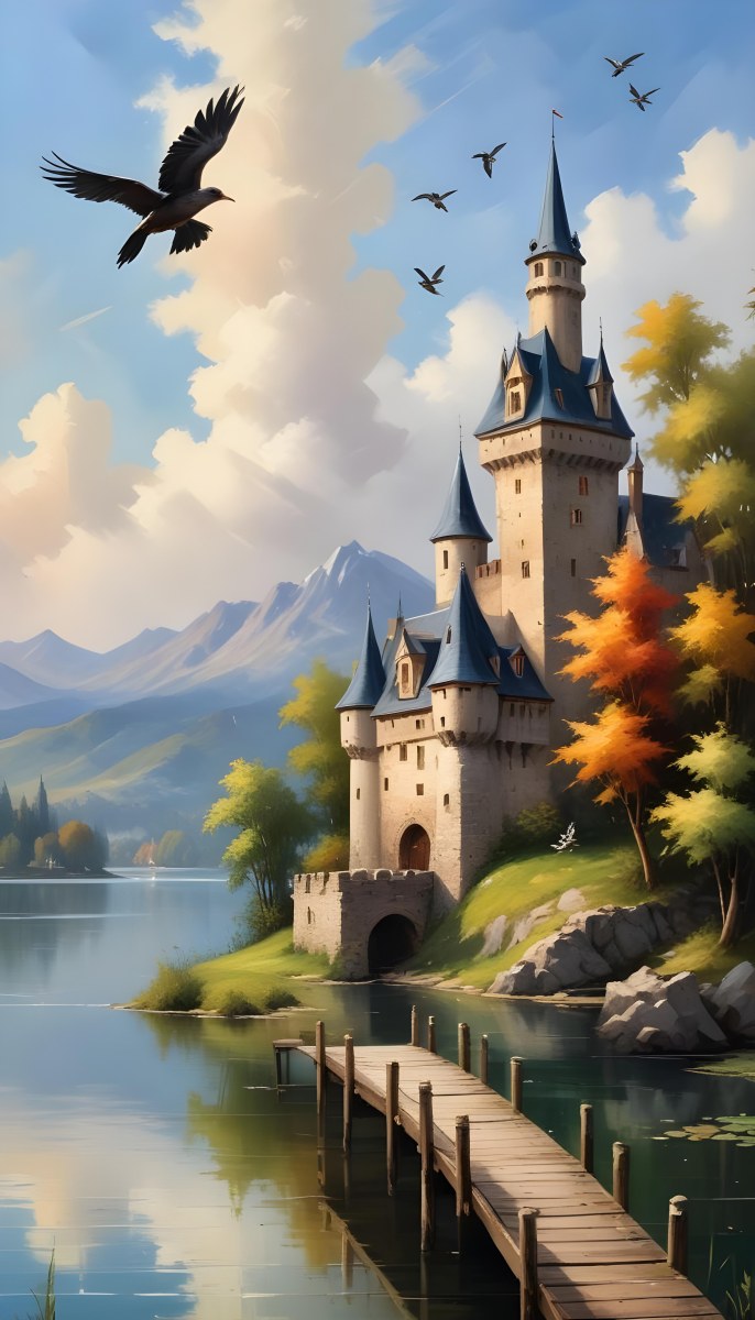 A Castle With A Tower And A Pointed Roof Next To A Lake With A Wooden Dock Some Birds Flying In The Sky 16 B44d
