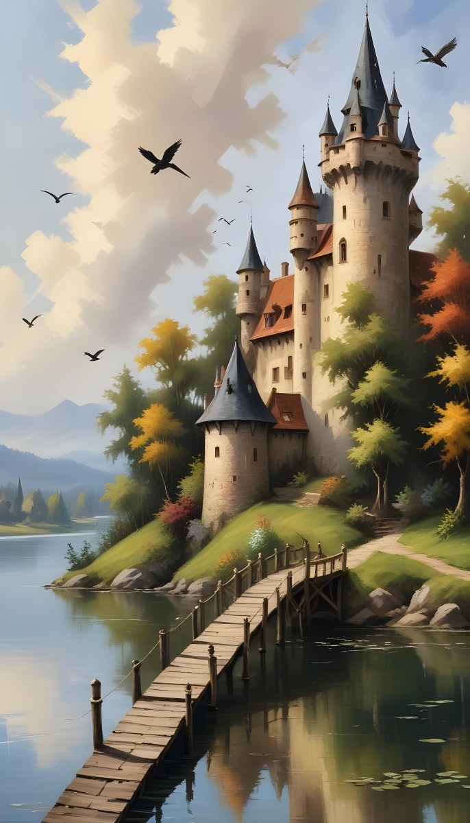 A Castle With A Tower And A Pointed Roof Next To A Lake With A Wooden Dock Some Birds Flying In The Sky 19 6b21