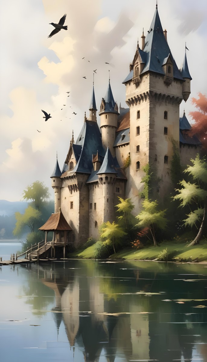 A Castle With A Tower And A Pointed Roof Next To A Lake With A Wooden Dock Some Birds Flying In The Sky 2 6a2b