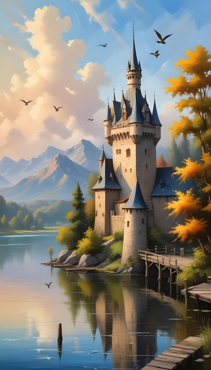 A Castle With A Tower And A Pointed Roof Next To A Lake With A Wooden Dock Some Birds Flying In The Sky 23 Eba5