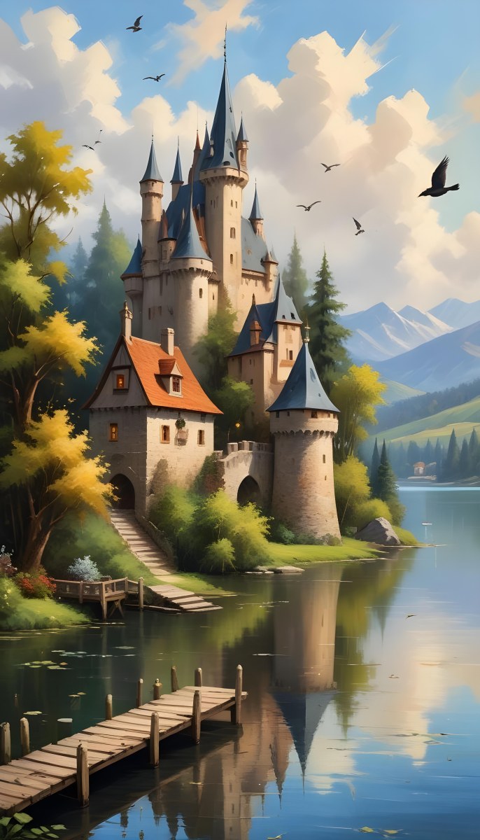 A Castle With A Tower And A Pointed Roof Next To A Lake With A Wooden Dock Some Birds Flying In The Sky 24 418a