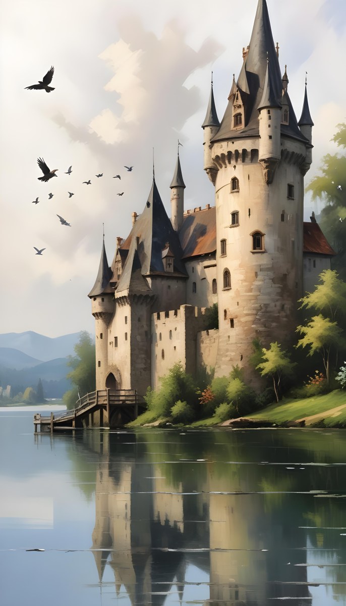 A Castle With A Tower And A Pointed Roof Next To A Lake With A Wooden Dock Some Birds Flying In The Sky 27 F114