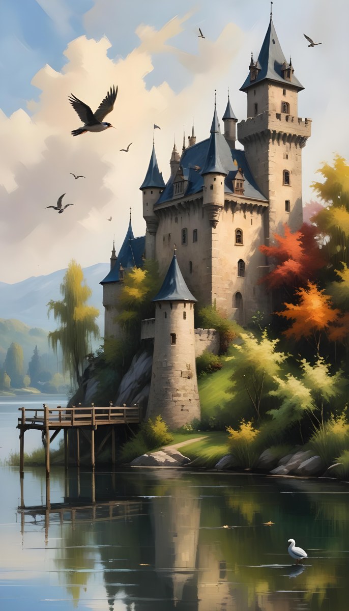 A Castle With A Tower And A Pointed Roof Next To A Lake With A Wooden Dock Some Birds Flying In The Sky 3 9009