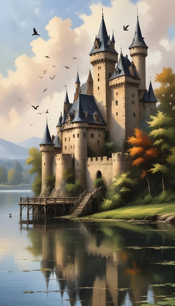 A Castle With A Tower And A Pointed Roof Next To A Lake With A Wooden Dock Some Birds Flying In The Sky 4 D1d1