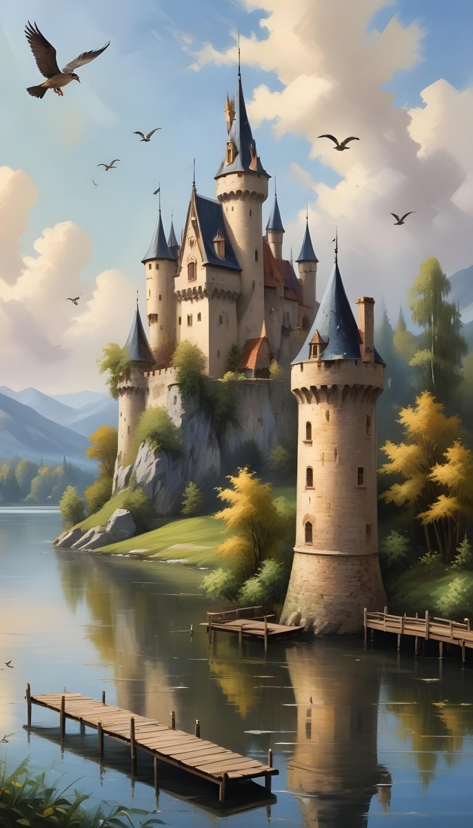 A Castle With A Tower And A Pointed Roof Next To A Lake With A Wooden Dock Some Birds Flying In The Sky 5 Ca8d
