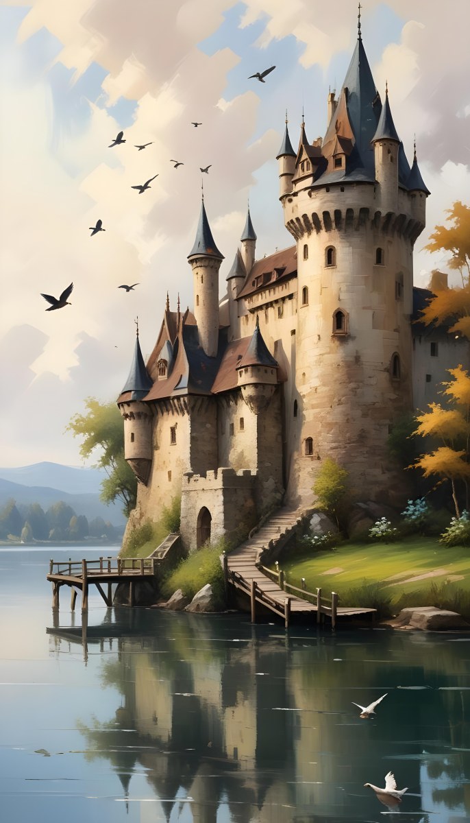 A Castle With A Tower And A Pointed Roof Next To A Lake With A Wooden Dock Some Birds Flying In The Sky 9 47ec