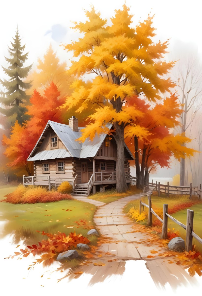 A Cozy Wooden Cabin Nestled Among Vibrant Autumn Trees