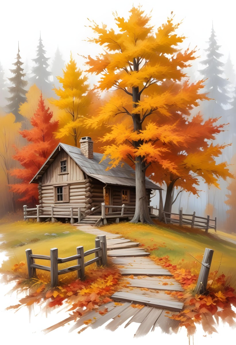 A Cozy Wooden Cabin Nestled Among Vibrant Autumn Trees With Orange And Yellow Leaves A Rustic Wooden Fence And A Winding Path Covered In Fallen Leaves 17 97e2
