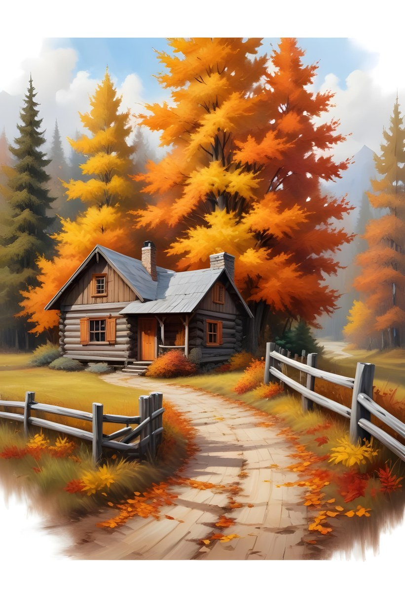 A Cozy Wooden Cabin Nestled Among Vibrant Autumn Trees With Orange And Yellow Leaves A Rustic Wooden Fence And A Winding Path Covered In Fallen Leaves 20 Ecfc