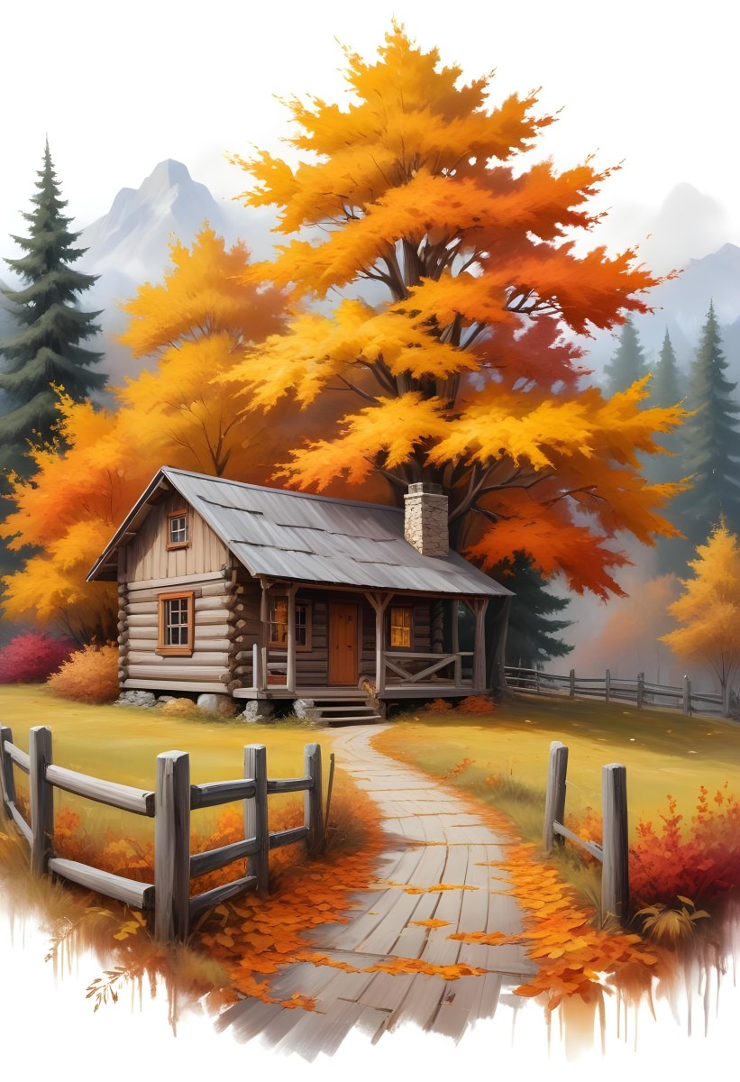 A Cozy Wooden Cabin Nestled Among Vibrant Autumn Trees With Orange And Yellow Leaves A Rustic Wooden Fence And A Winding Path Covered In Fallen Leaves 21 D7a0