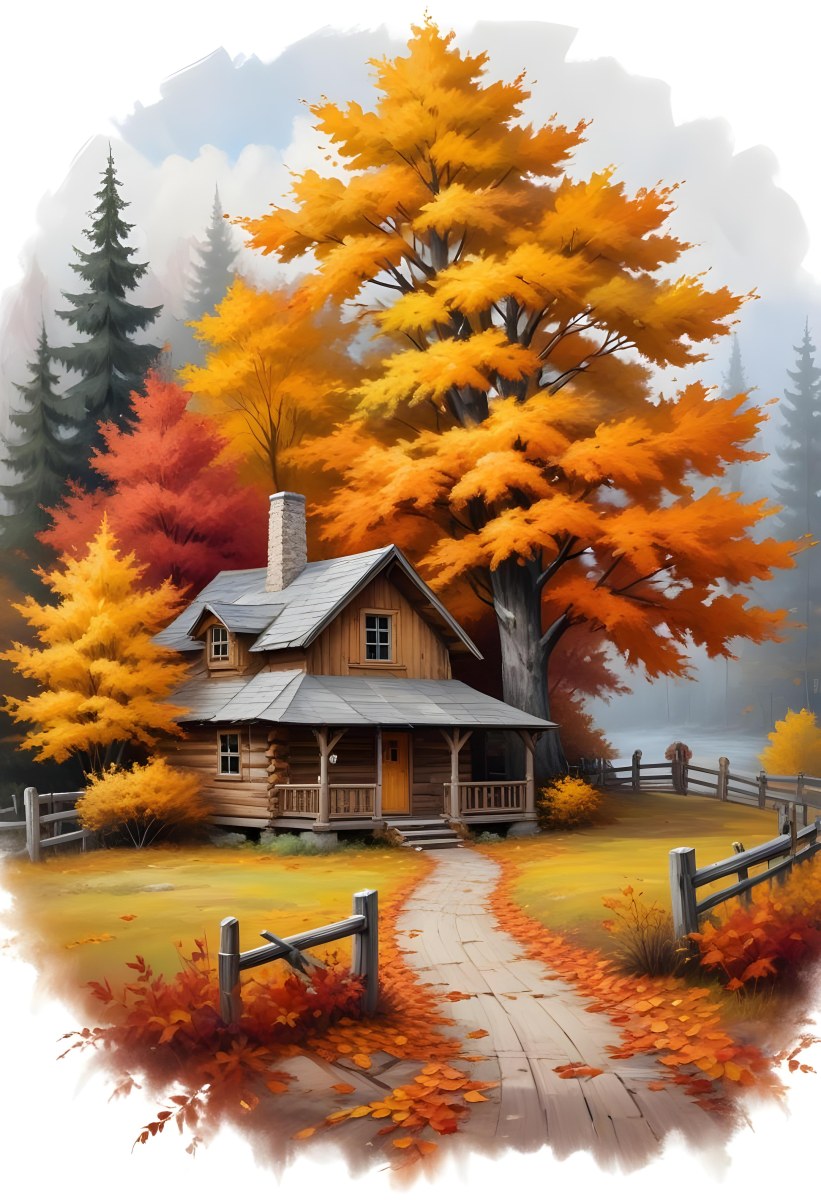A Cozy Wooden Cabin Nestled Among Vibrant Autumn Trees With Orange And Yellow Leaves A Rustic Wooden Fence And A Winding Path Covered In Fallen Leaves 22 84a1
