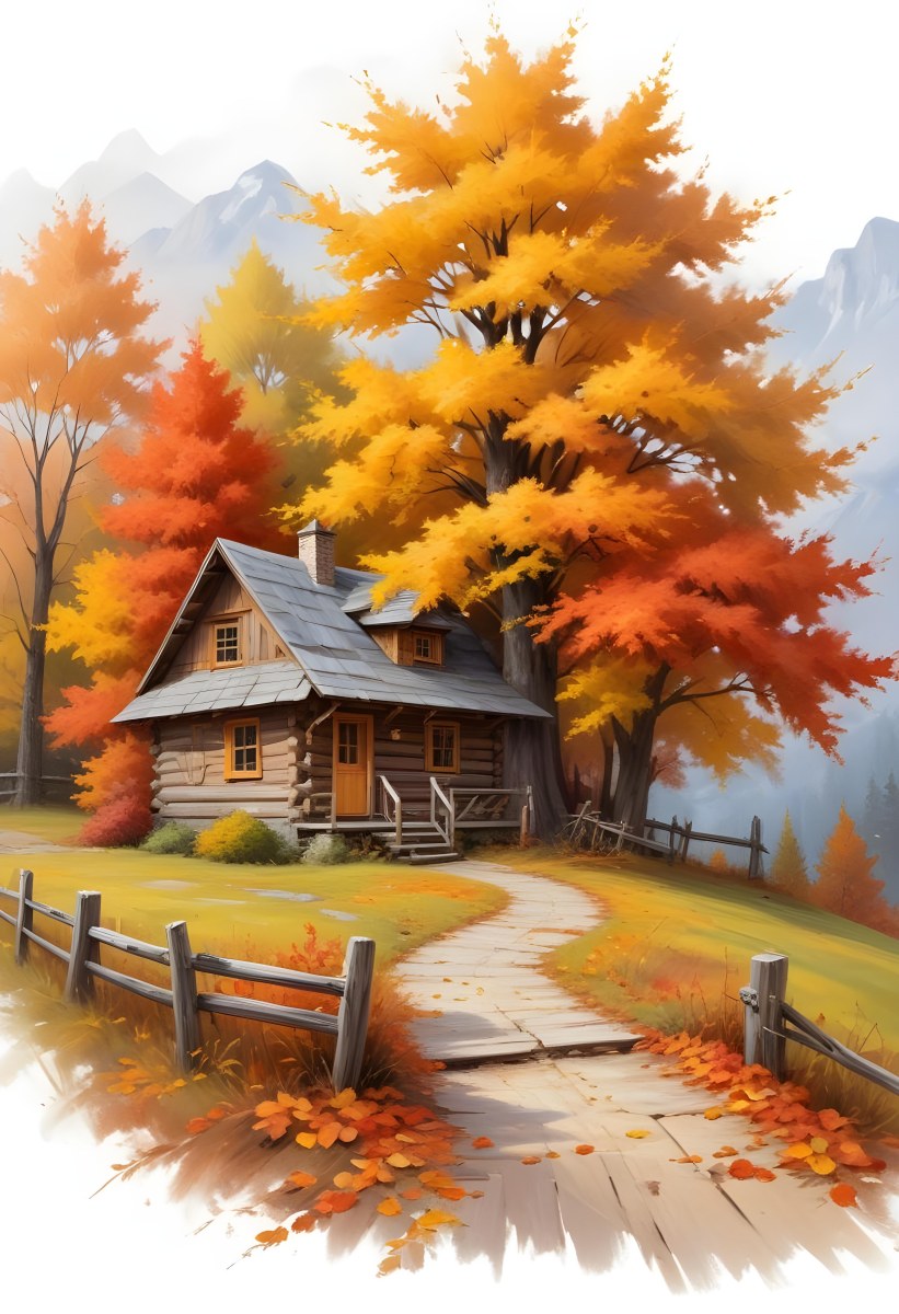 A Cozy Wooden Cabin Nestled Among Vibrant Autumn Trees With Orange And Yellow Leaves A Rustic Wooden Fence And A Winding Path Covered In Fallen Leaves 23 8a8b