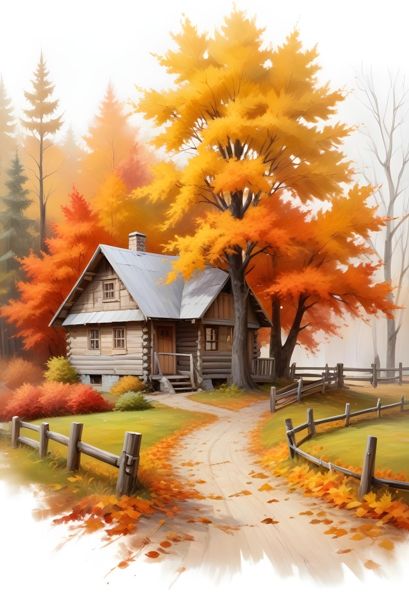 A Cozy Wooden Cabin Nestled Among Vibrant Autumn Trees With Orange And Yellow Leaves A Rustic Wooden Fence And A Winding Path Covered In Fallen Leaves 3 119c