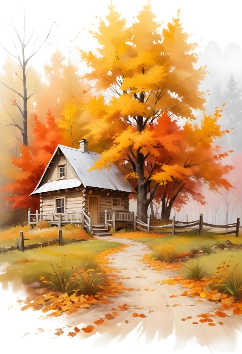A Cozy Wooden Cabin Nestled Among Vibrant Autumn Trees With Orange And Yellow Leaves A Rustic Wooden Fence And A Winding Path Covered In Fallen Leaves 5 2746