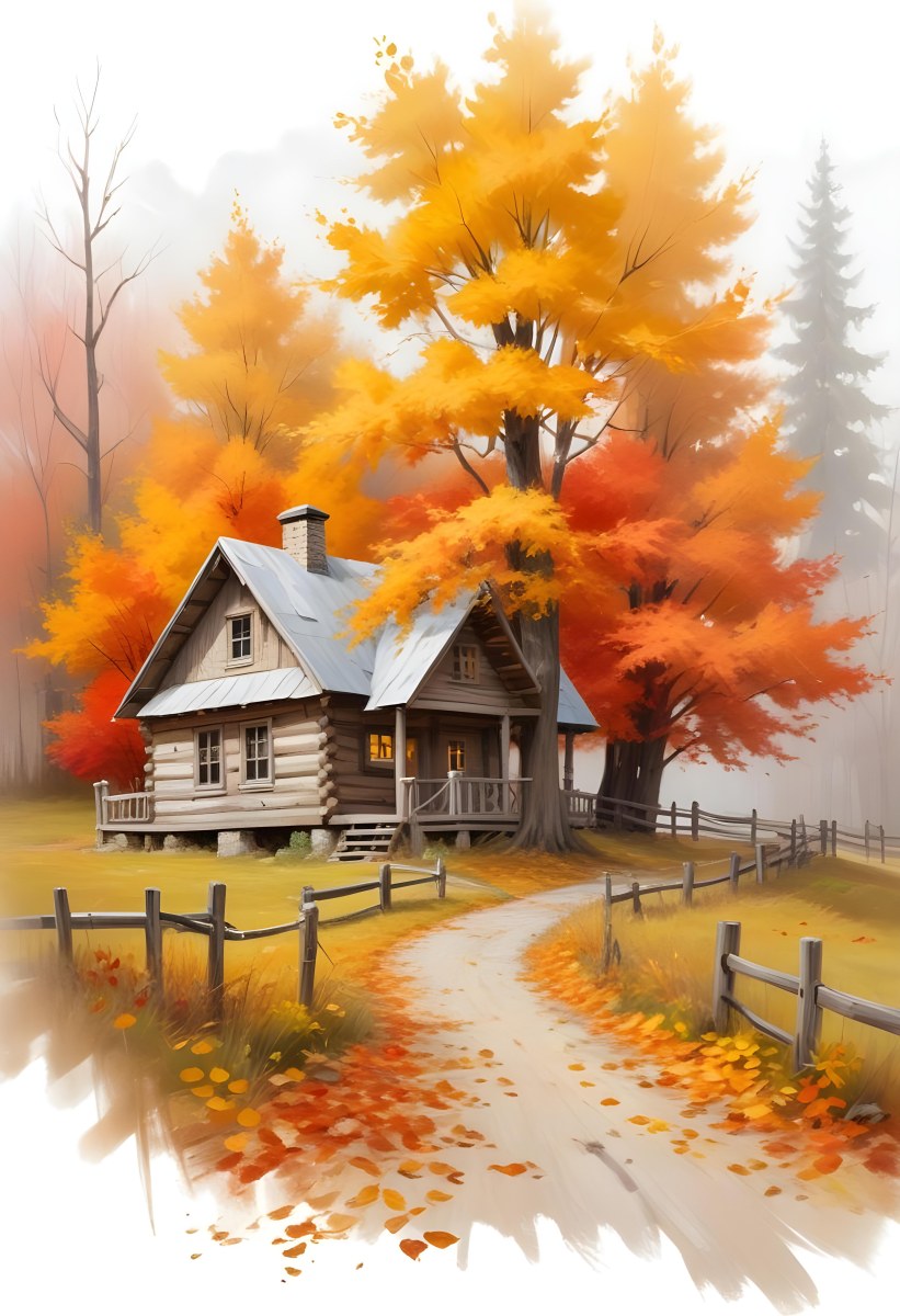 A Cozy Wooden Cabin Nestled Among Vibrant Autumn Trees With Orange And Yellow Leaves A Rustic Wooden Fence And A Winding Path Covered In Fallen Leaves 6 B3c2