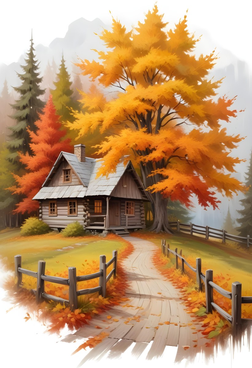 A Cozy Wooden Cabin Nestled Among Vibrant Autumn Trees With Orange And Yellow Leaves A Rustic Wooden Fence And A Winding Path Covered In Fallen Leaves 7 8367