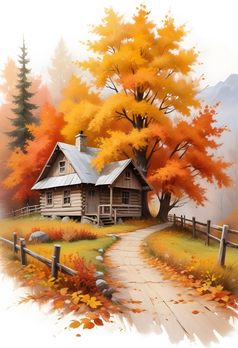 A Cozy Wooden Cabin Nestled Among Vibrant Autumn Trees With Orange And Yellow Leaves A Rustic Wooden Fence And A Winding Path Covered In Fallen Leaves 8 E1f3