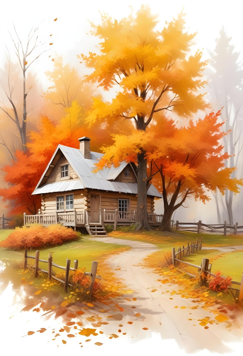 A Cozy Wooden Cabin Nestled Among Vibrant Autumn Trees With Orange And Yellow Leaves A Rustic Wooden Fence And A Winding Path Covered In Fallen Leaves 9 1ff1