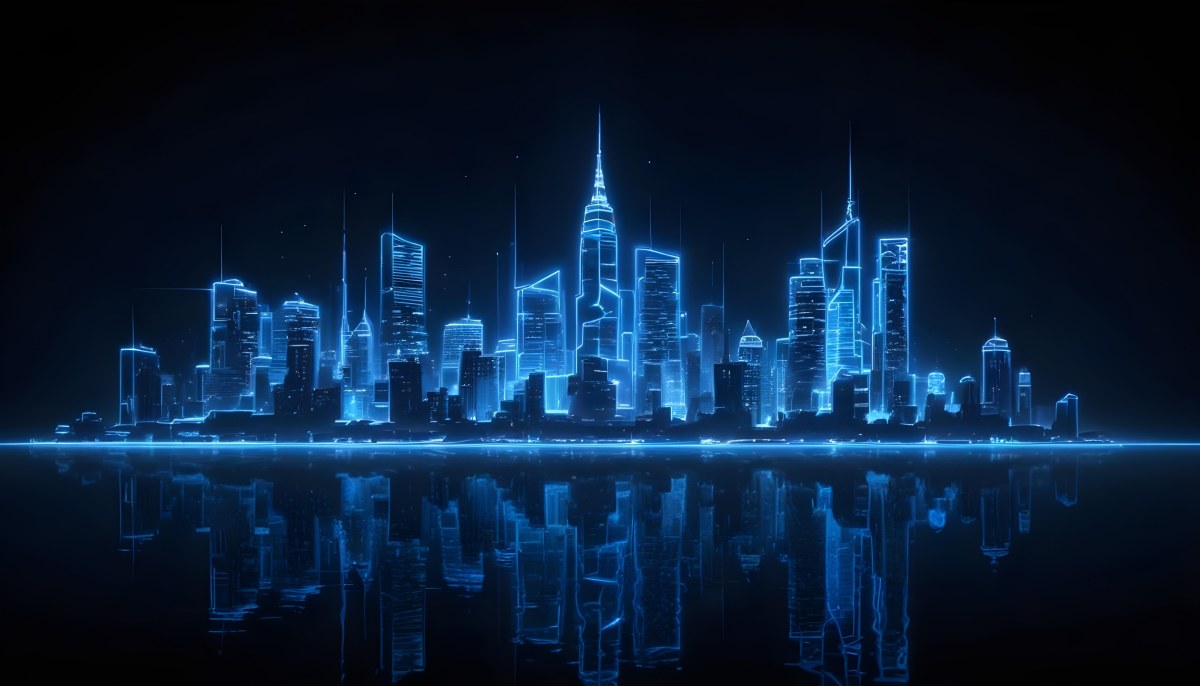 A Futuristic City Skyline Made Of Blue Neon Lines Reflecting On A Dark Water Surface With A Starry Night Sky In The Background 10 1d5d