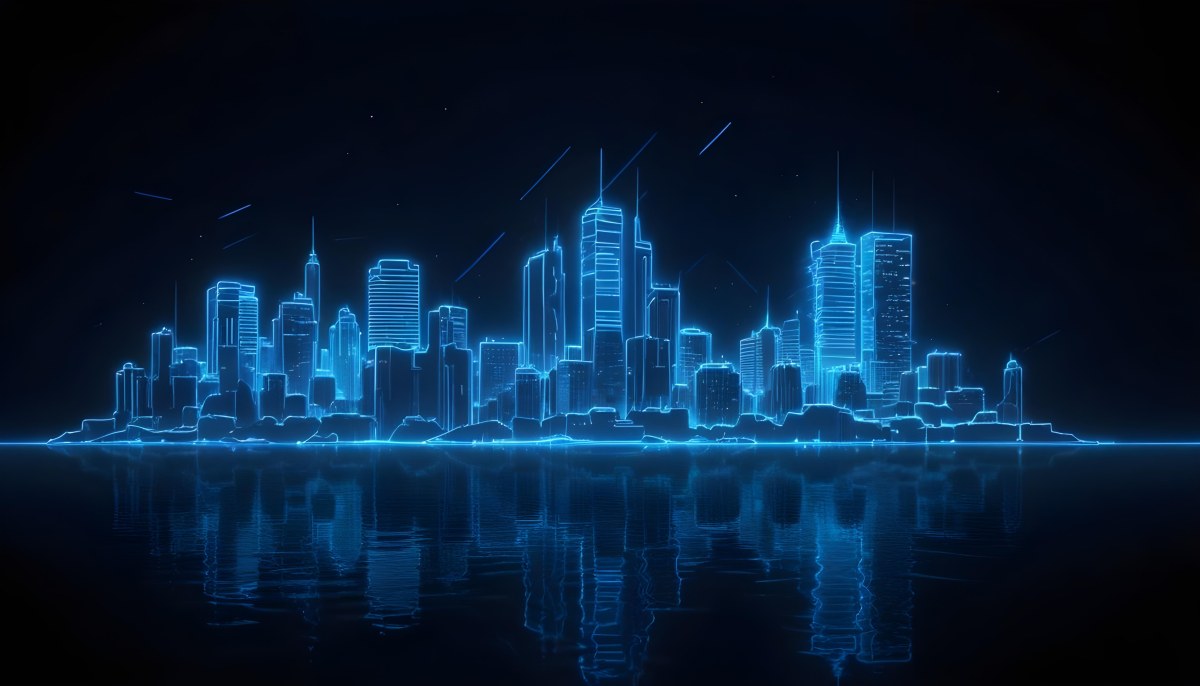 A Futuristic City Skyline Made Of Blue Neon Lines Reflecting On A Dark Water Surface With A Starry Night Sky In The Background 14 8751