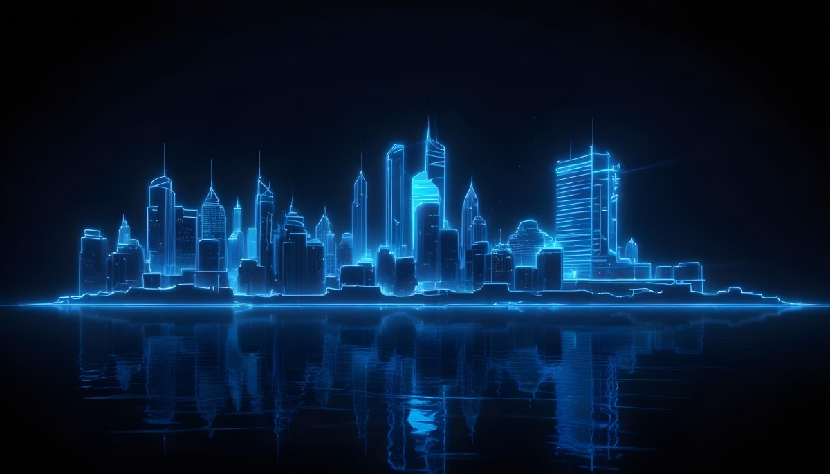 A Futuristic City Skyline Made Of Blue Neon Lines Reflecting On A Dark Water Surface With A Starry Night Sky In The Background 18 D958
