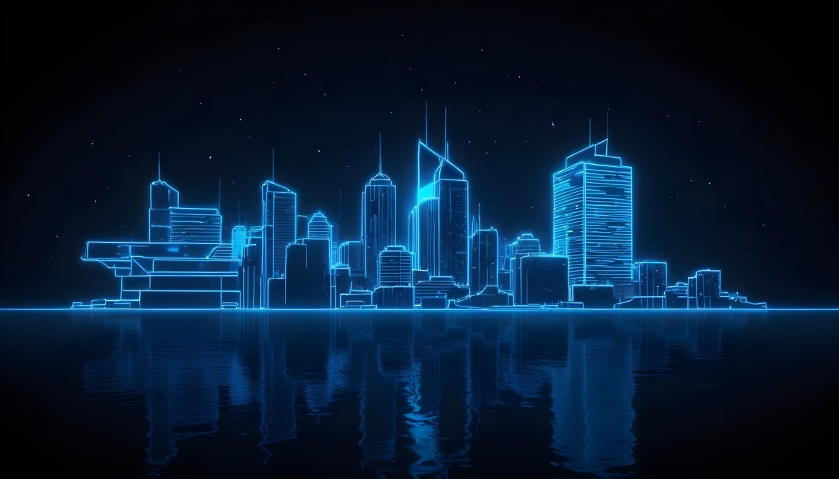 A Futuristic City Skyline Made Of Blue Neon Lines Reflecting On A Dark Water Surface With A Starry Night Sky In The Background 21 652c