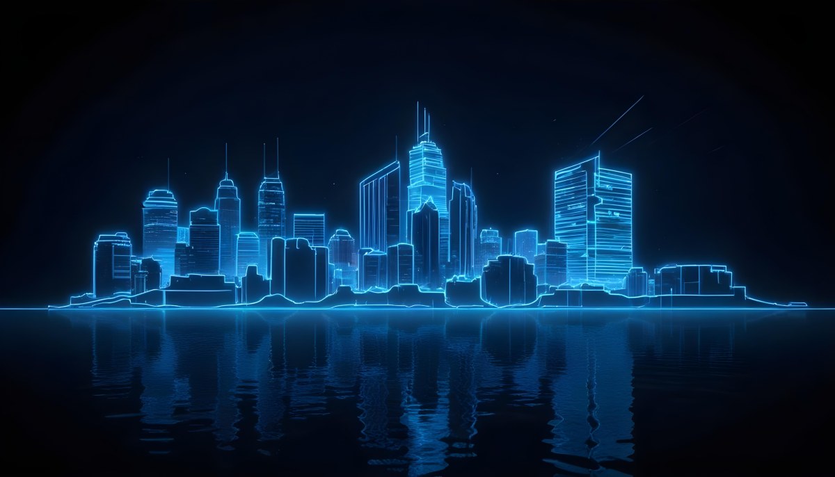 A Futuristic City Skyline Made Of Blue Neon Lines Reflecting On A Dark Water Surface With A Starry Night Sky In The Background 27 1ad2