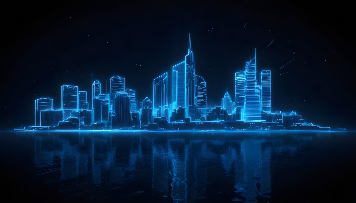 A Futuristic City Skyline Made Of Blue Neon Lines Reflecting On A Dark Water Surface With A Starry Night Sky In The Background 30 2e48