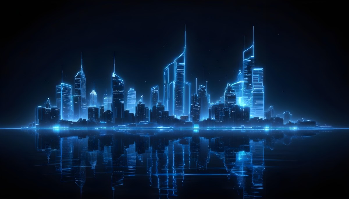 A Futuristic City Skyline Made Of Blue Neon Lines Reflecting On A Dark Water Surface With A Starry Night Sky In The Background 37 Fff8