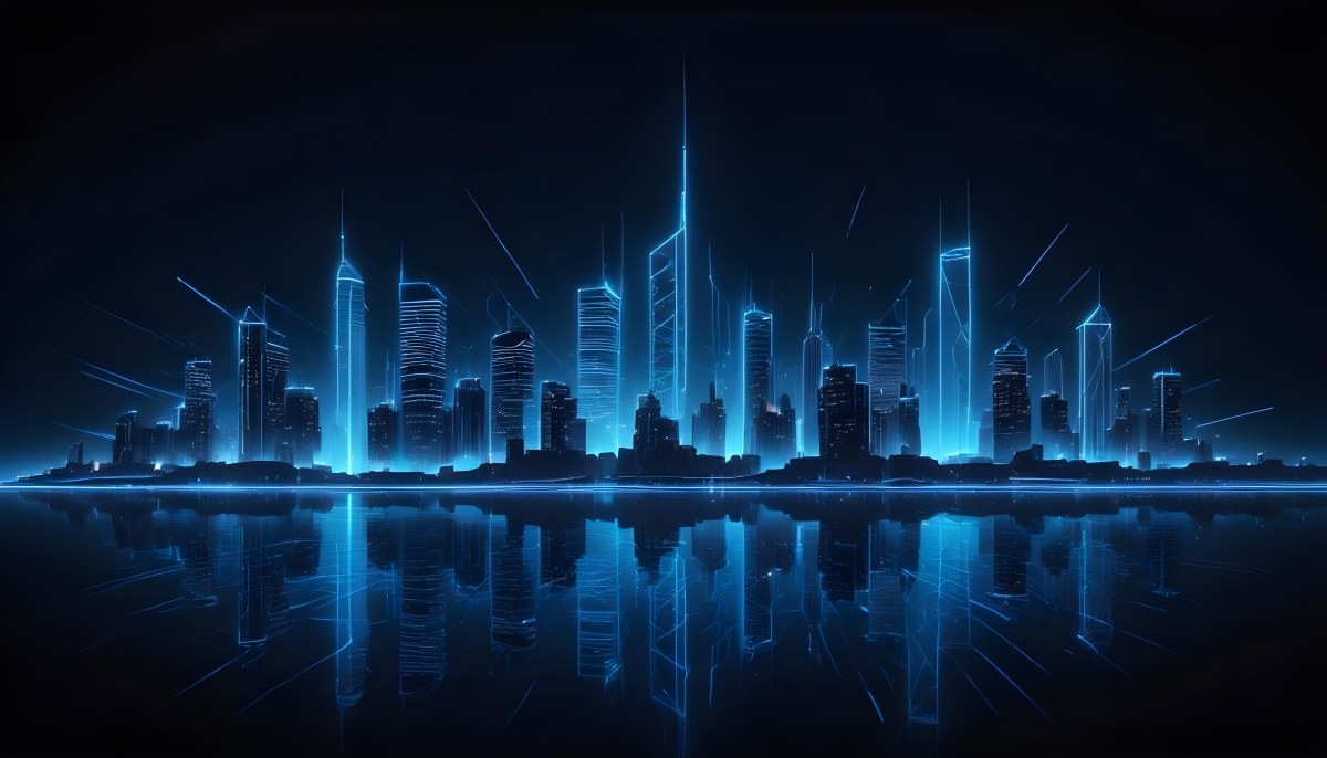 A Futuristic City Skyline Made Of Blue Neon Lines Reflecting On A Dark Water Surface With A Starry Night Sky In The Background 4 Aba2