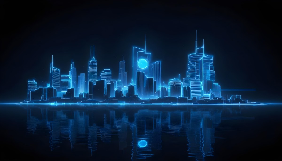 A Futuristic City Skyline Made Of Blue Neon Lines Reflecting On A Dark Water Surface With A Starry Night Sky In The Background 45 828a