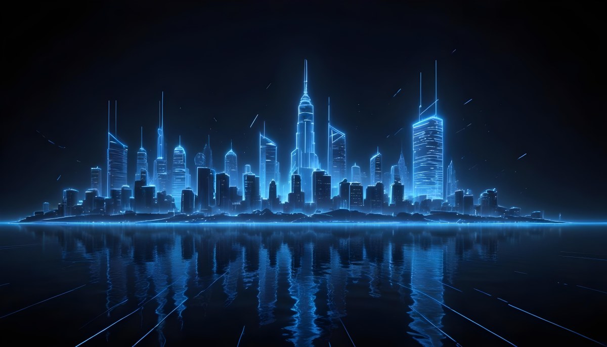 A Futuristic City Skyline Made Of Blue Neon Lines Reflecting On A Dark Water Surface With A Starry Night Sky In The Background 52 500d