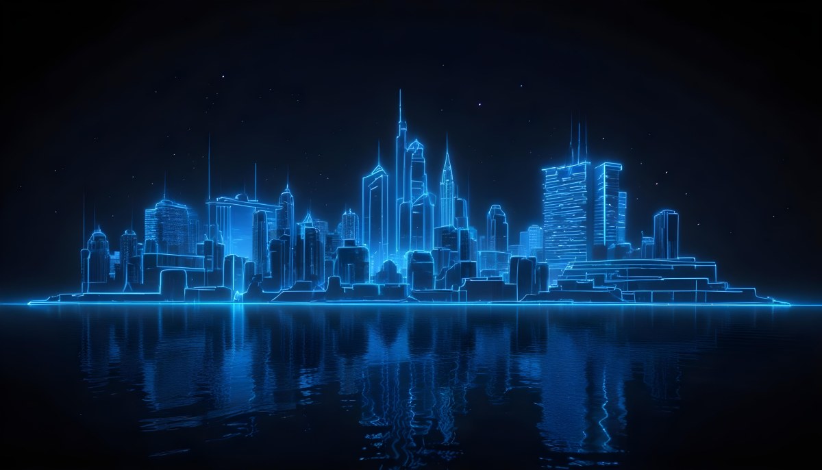 A Futuristic City Skyline Made Of Blue Neon Lines Reflecting On A Dark Water Surface With A Starry Night Sky In The Background 53 7c38