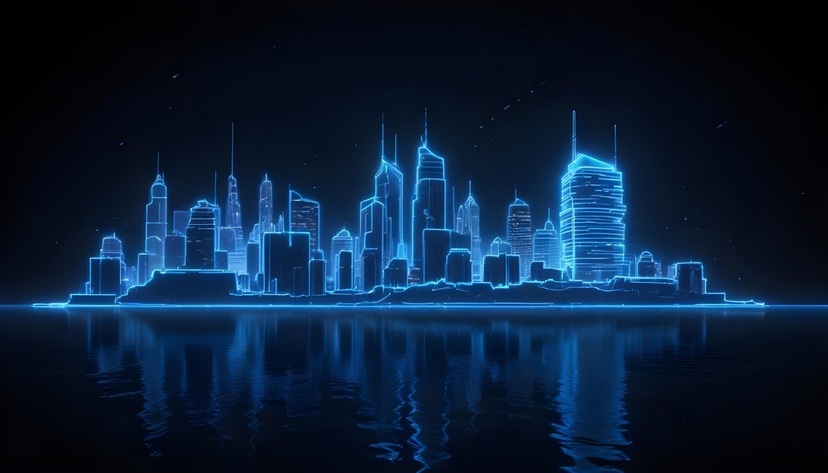 A Futuristic City Skyline Made Of Blue Neon Lines Reflecting On A Dark Water Surface With A Starry Night Sky In The Background 54 Ee9a