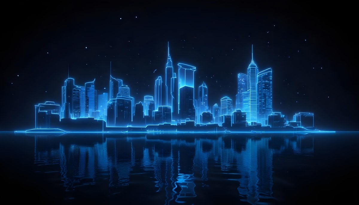 A Futuristic City Skyline Made Of Blue Neon Lines Reflecting On A Dark Water Surface With A Starry Night Sky In The Background 57 9507