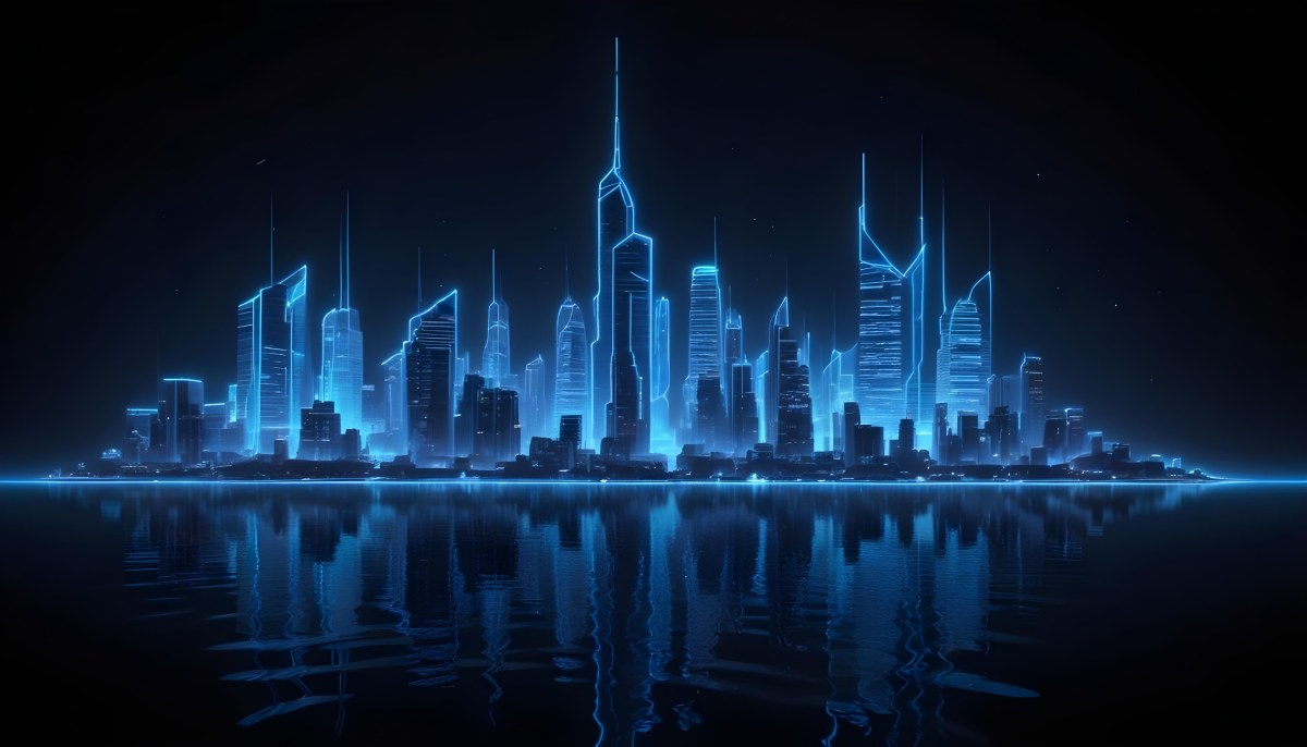 A Futuristic City Skyline Made Of Blue Neon Lines Reflecting On A Dark Water Surface With A Starry Night Sky In The Background 59 06af