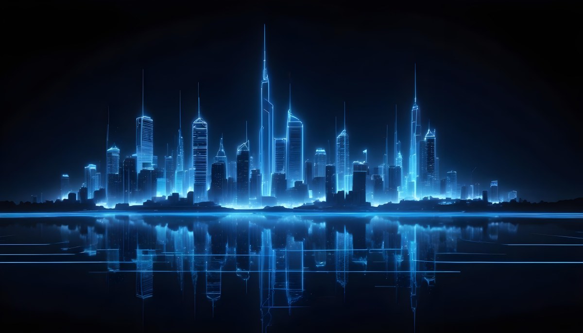 A Futuristic City Skyline Made Of Blue Neon Lines Reflecting On A Dark Water Surface With A Starry Night Sky In The Background 6 85ad