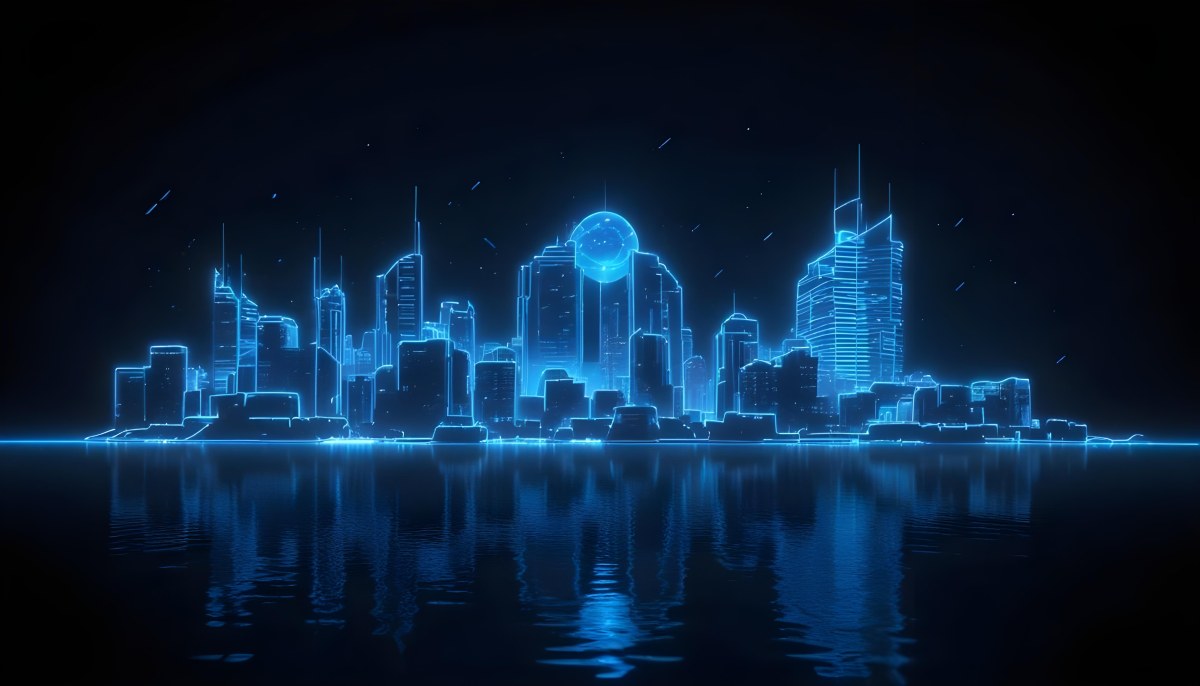 A Futuristic City Skyline Made Of Blue Neon Lines Reflecting On A Dark Water Surface With A Starry Night Sky In The Background 60 85cb