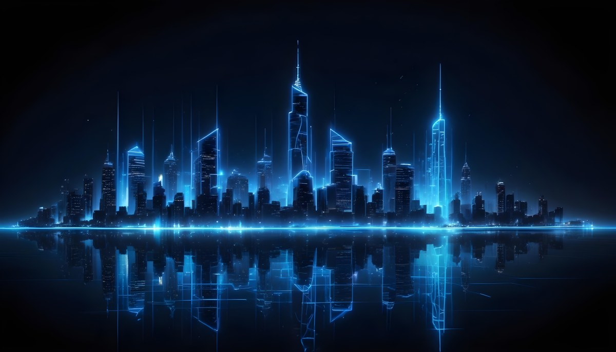A Futuristic City Skyline Made Of Blue Neon Lines Reflecting On A Dark Water Surface With A Starry Night Sky In The Background 7 97a3